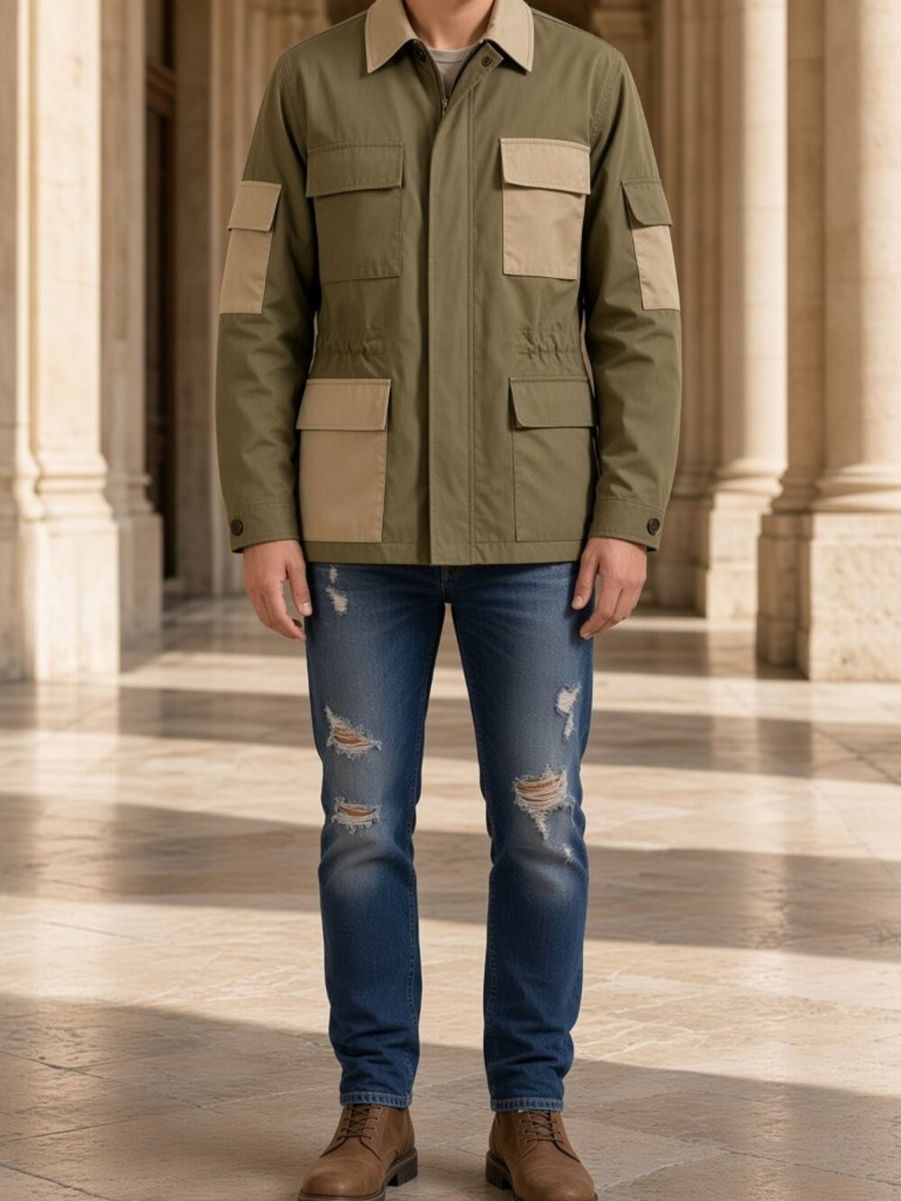 Marc Jacobs Men Olive Green Color Block Twill Safari Jacket Italian Cotton IT 46